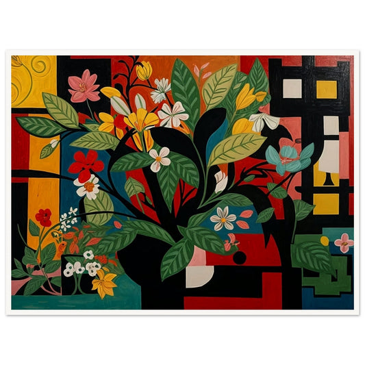 A vibrant painting of a floral arrangement with bold geometric background patterns in vivid colors.