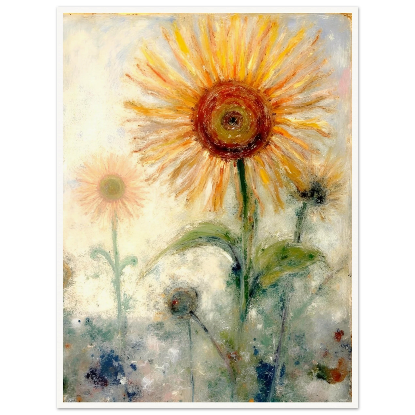 A luminous sunflower radiates warmth and hope, its golden petals glowing softly against a misty pastel background.