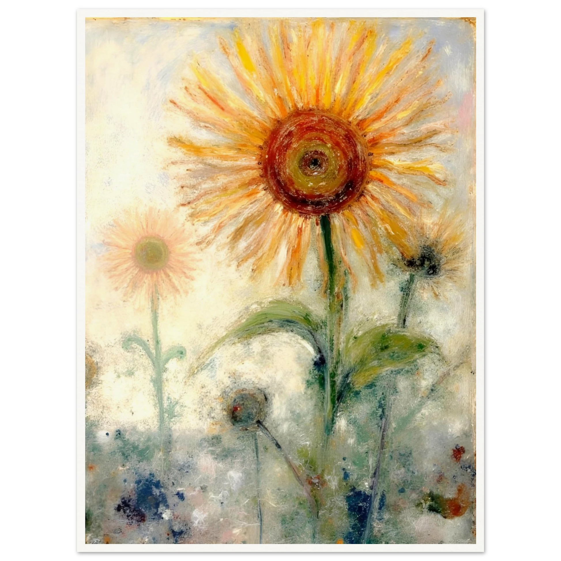 A luminous sunflower radiates warmth and hope, its golden petals glowing softly against a misty pastel background.