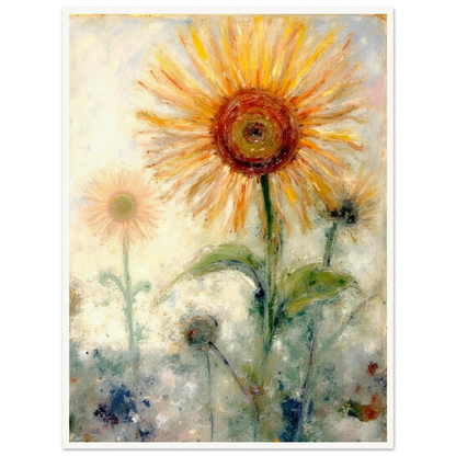 A luminous sunflower radiates warmth and hope, its golden petals glowing softly against a misty pastel background.