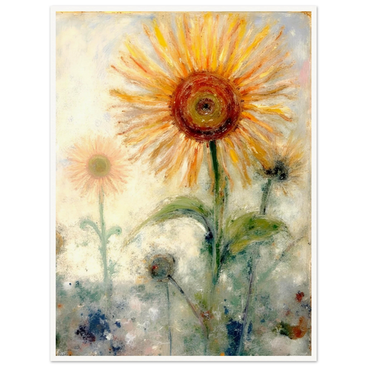 A luminous sunflower radiates warmth and hope, its golden petals glowing softly against a misty pastel background.