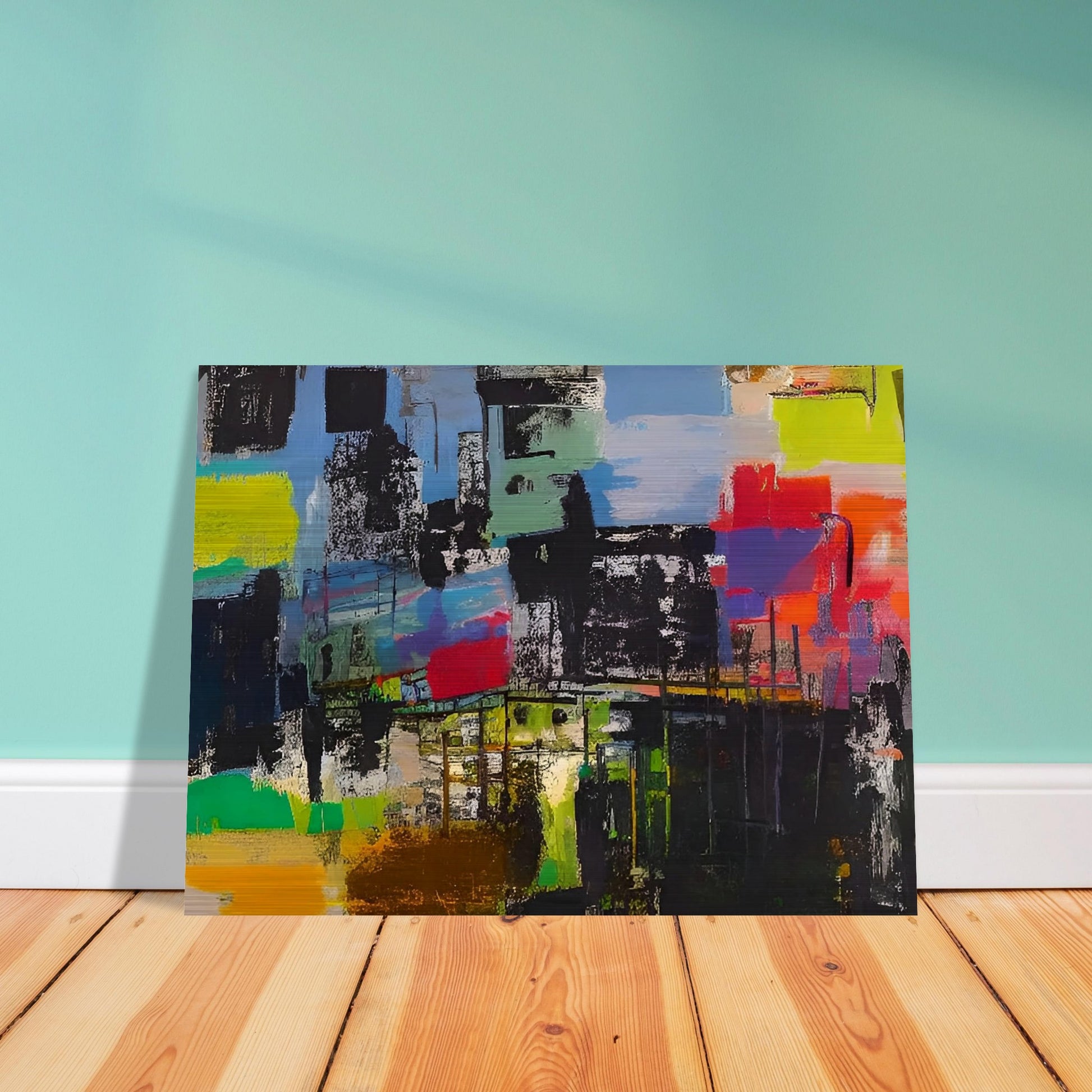 An abstract painting with bold colors and textures representing a bustling cityscape. The composition features vibrant blocks of green, blue, yellow, and red.