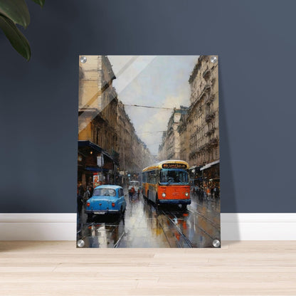 "A beautifully painted urban scene of a streetcar moving through a rainy city, with classic cars and reflective wet streets, evoking a sense of nostalgia."