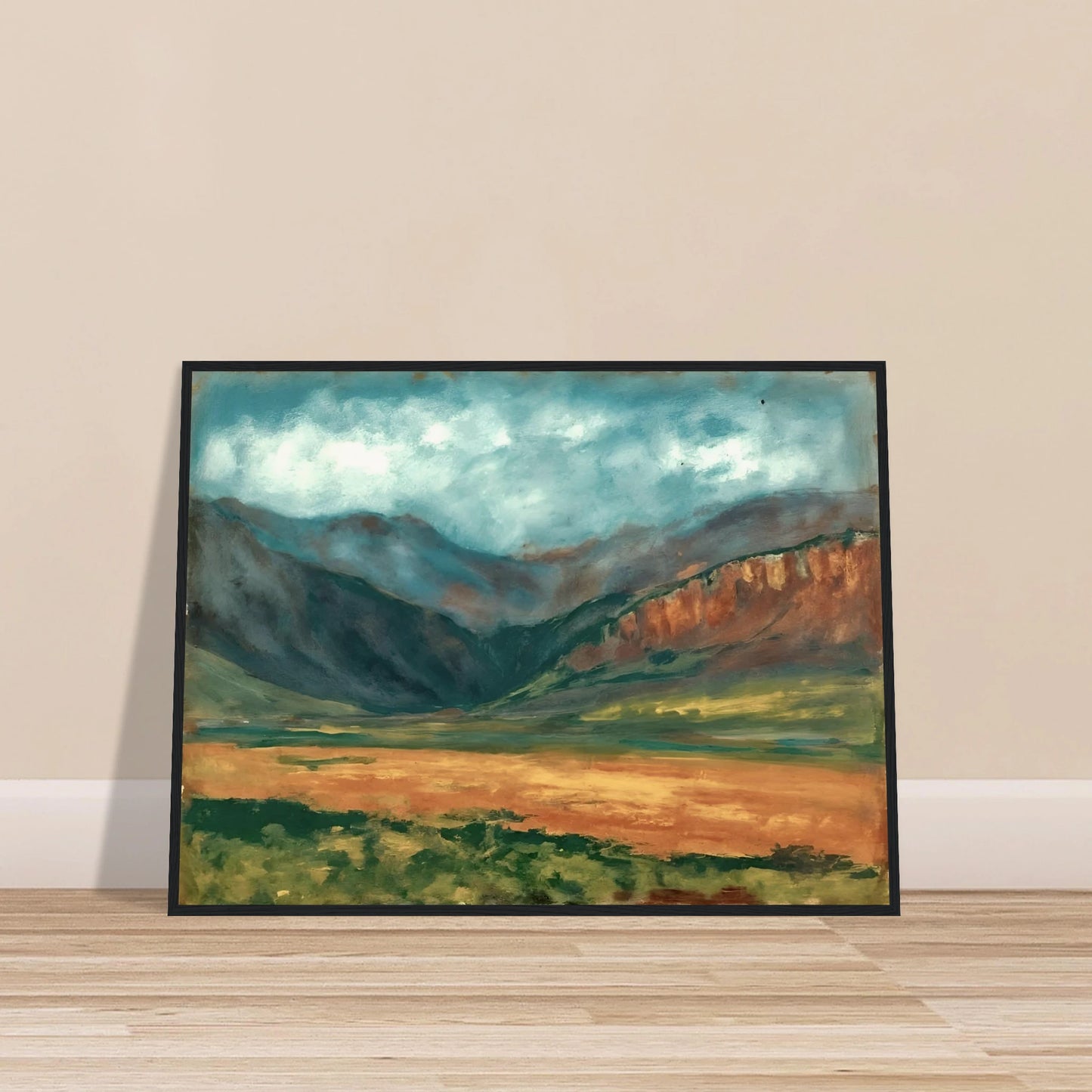 A dramatic landscape painting of a broad mountain valley under a moody blue-green sky, with rugged slopes, sunlit grasslands, and warm ochre cliffs stretching across the horizon.