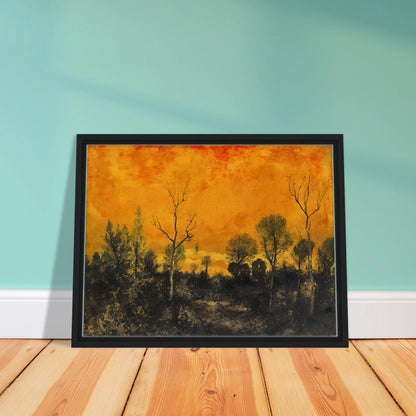 A forest silhouetted against a blazing orange sky, with leafless and leafy trees under a textured sunset.