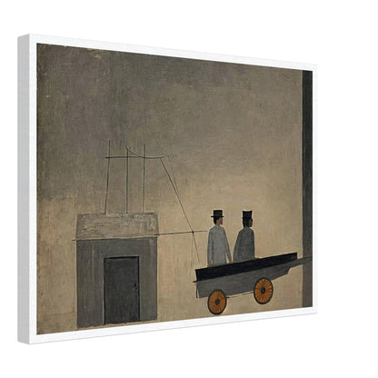 A minimalistic painting depicting two figures in a cart with orange wheels, set against a muted, textured background, creating a sense of mystery.