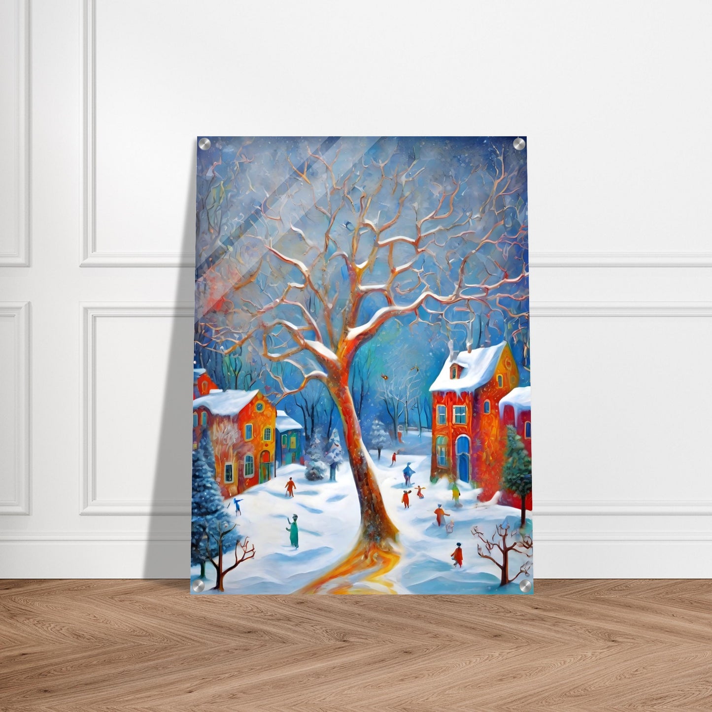 A whimsical winter scene featuring a large, glowing tree surrounded by colorful houses and joyful people playing in the snow under a vibrant blue sky.