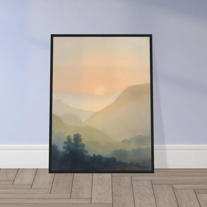Soft sunrise glows over misty layered hills and dark trees in a quiet pastel landscape.
