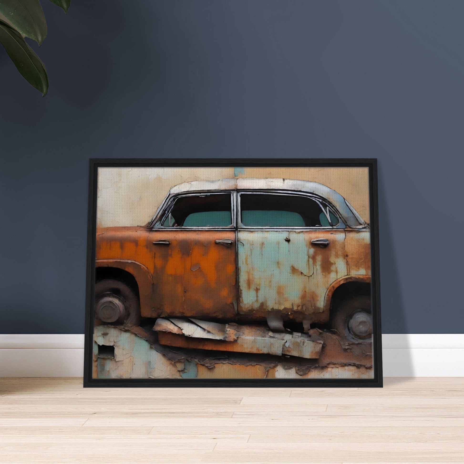 A captivating painting of a rusted vintage car with faded orange and blue paint, set against a textured and peeling wall background.