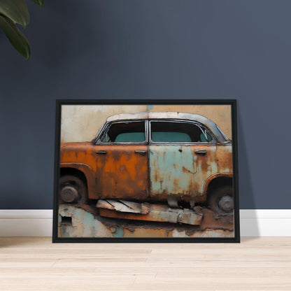 A captivating painting of a rusted vintage car with faded orange and blue paint, set against a textured and peeling wall background.