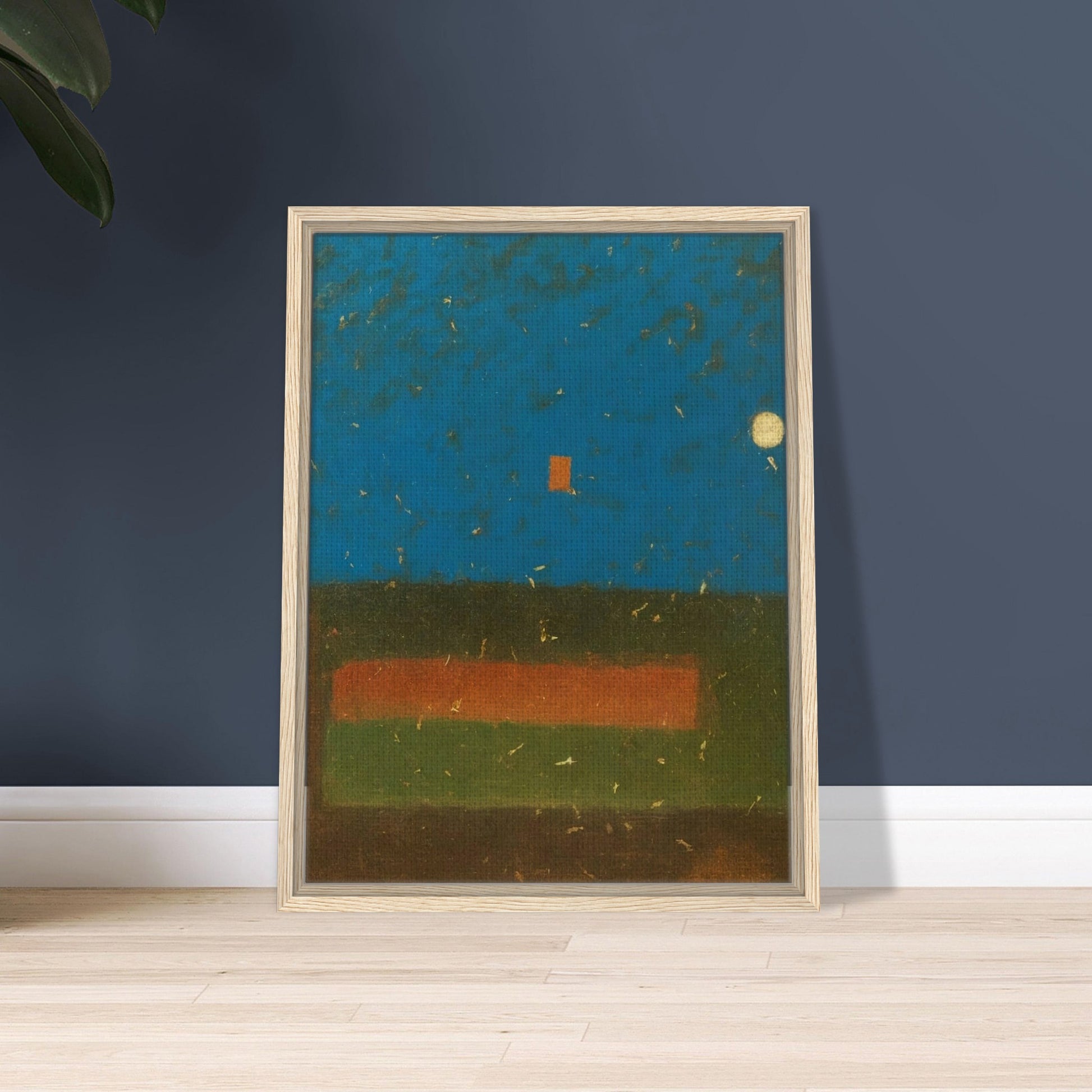 Minimalist painting featuring a deep blue sky with two glowing moons and a small orange square over a layered earth-toned foreground.