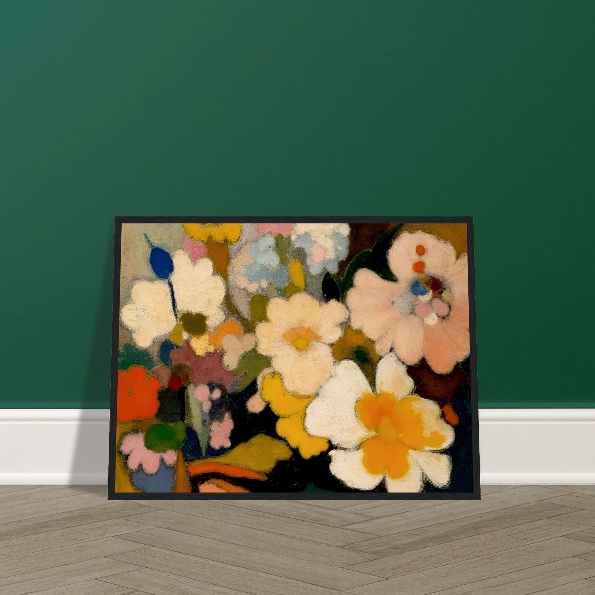 Soft floral forms in cream, yellow, pink, and blue gather in a dreamy bouquet filled with warmth and charm.