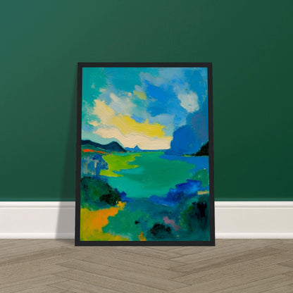 Vivid turquoise waters stretch beneath sweeping blue skies, framed by dark hills and glowing green shorelines.