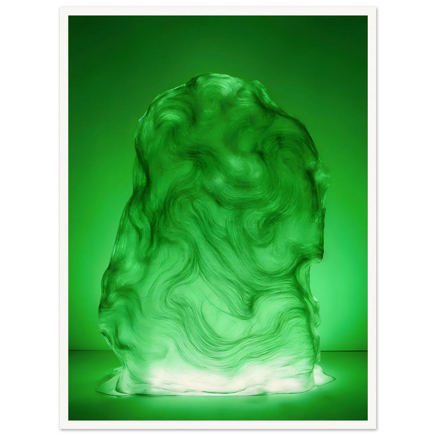 Glowing green sculptural form with fluid marbled swirls rises like illuminated jade, blending movement, mystery, and organic elegance.
