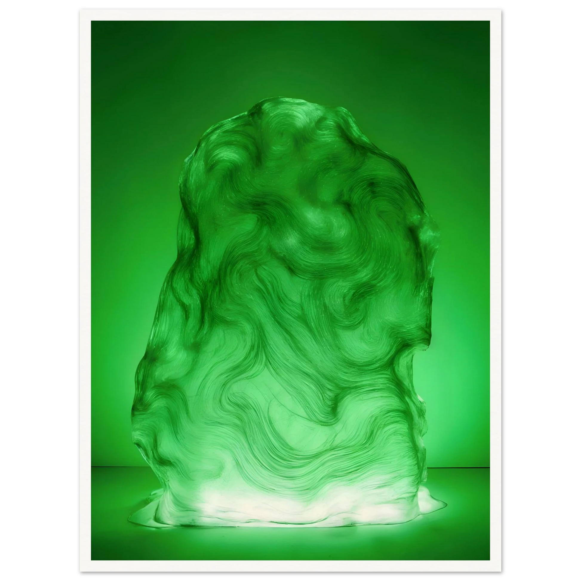 Glowing green sculptural form with fluid marbled swirls rises like illuminated jade, blending movement, mystery, and organic elegance.