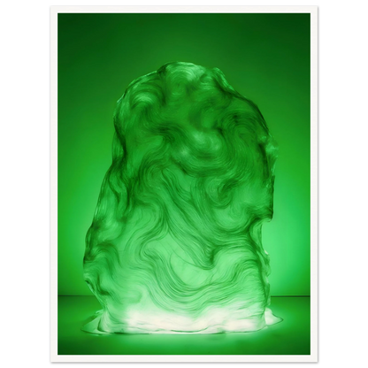 Glowing green sculptural form with fluid marbled swirls rises like illuminated jade, blending movement, mystery, and organic elegance.