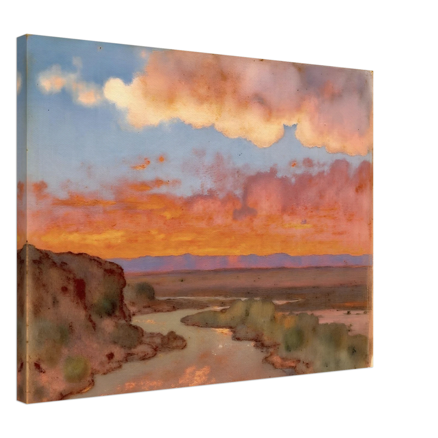 Soft desert river winding beneath glowing orange and pink sunset clouds, with distant plains and muted cliffs in a serene landscape.