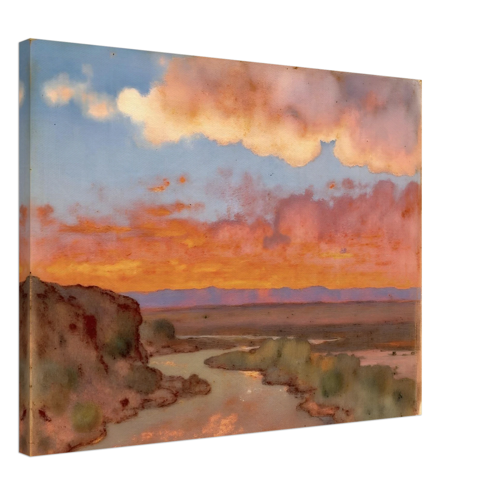 Soft desert river winding beneath glowing orange and pink sunset clouds, with distant plains and muted cliffs in a serene landscape.