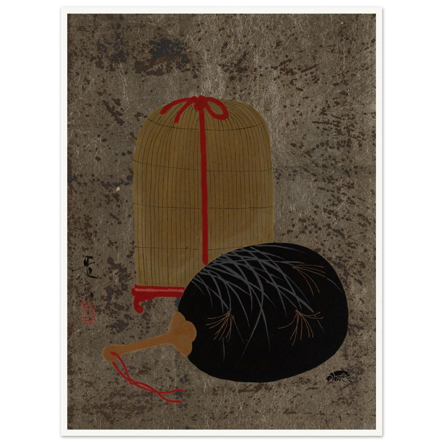 Japanese still life with a black fan and hanging insect cage on a textured gray ground