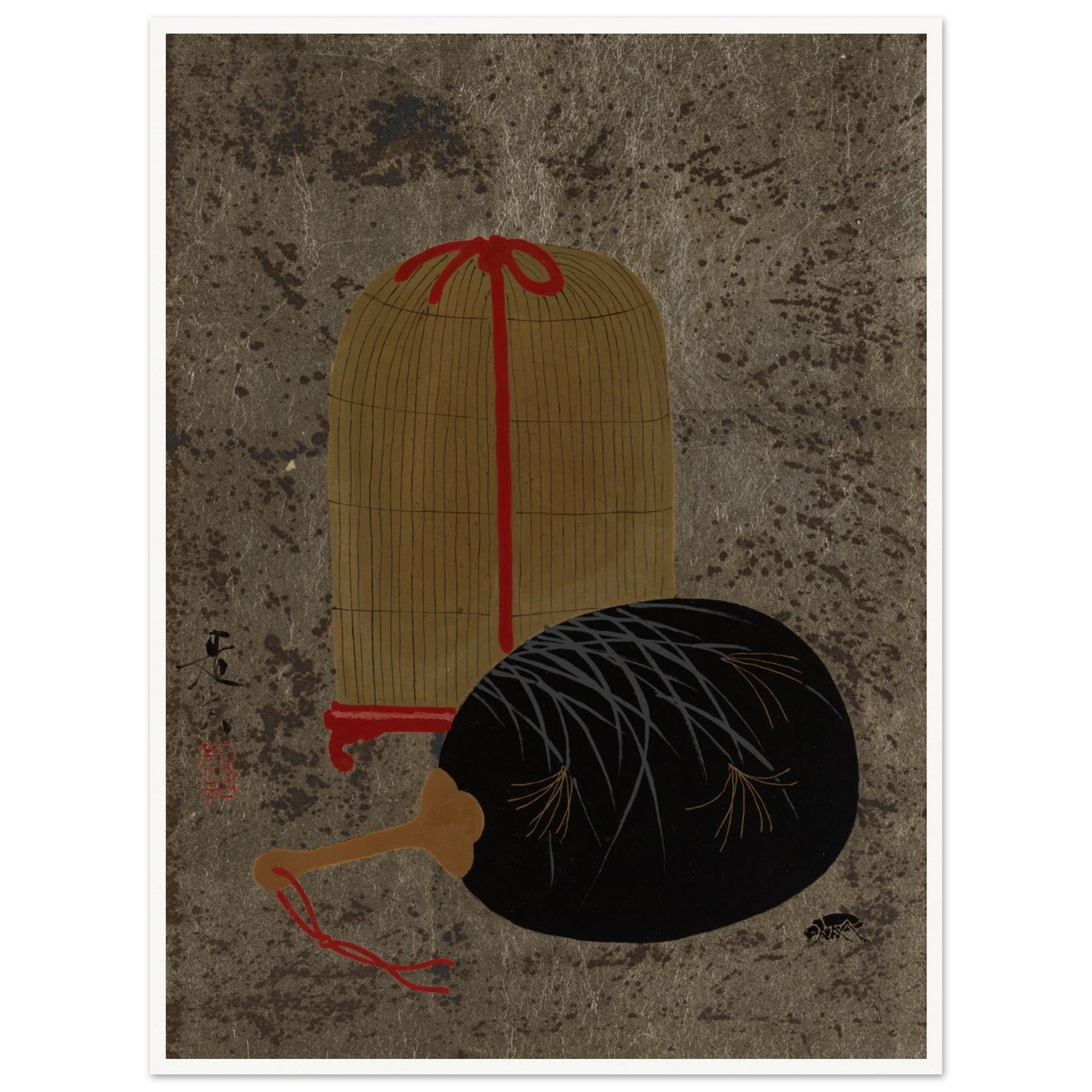 Japanese still life with a black fan and hanging insect cage on a textured gray ground