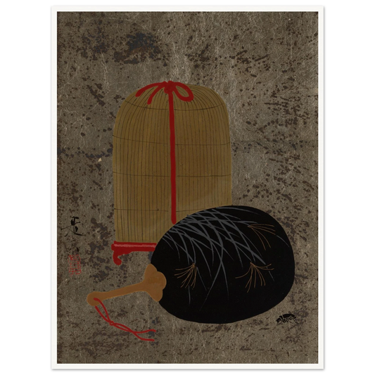 Japanese still life with a black fan and hanging insect cage on a textured gray ground