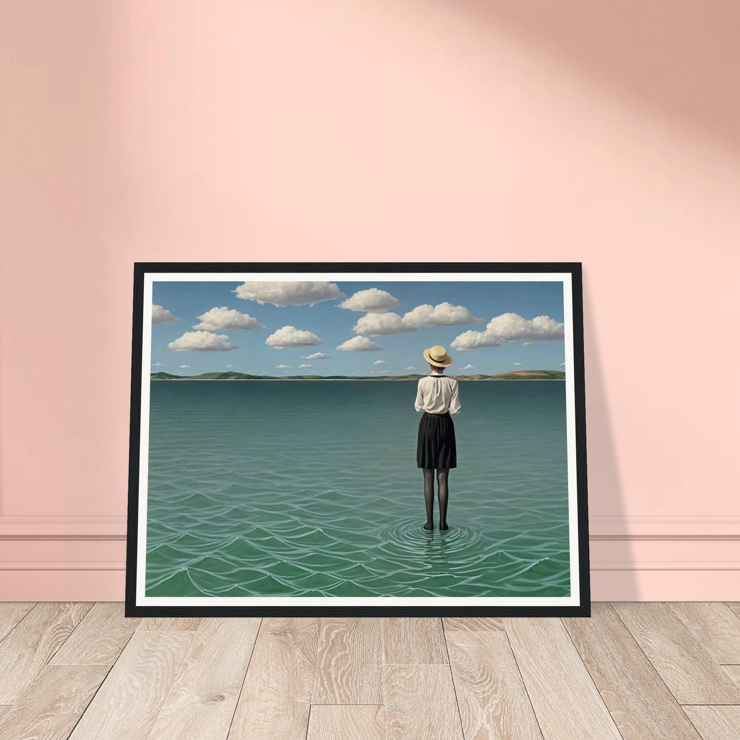 A painting of a woman standing alone in the middle of a calm, vast body of water under a blue sky with scattered clouds.