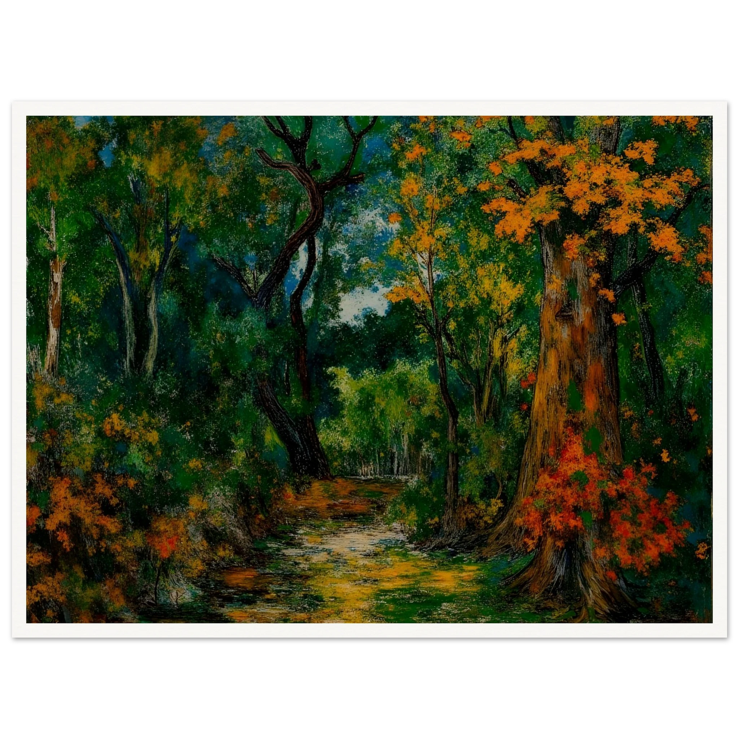 A richly colored forest scene featuring a winding path through dense green woods, framed by tall trees with vibrant orange and golden autumn foliage.