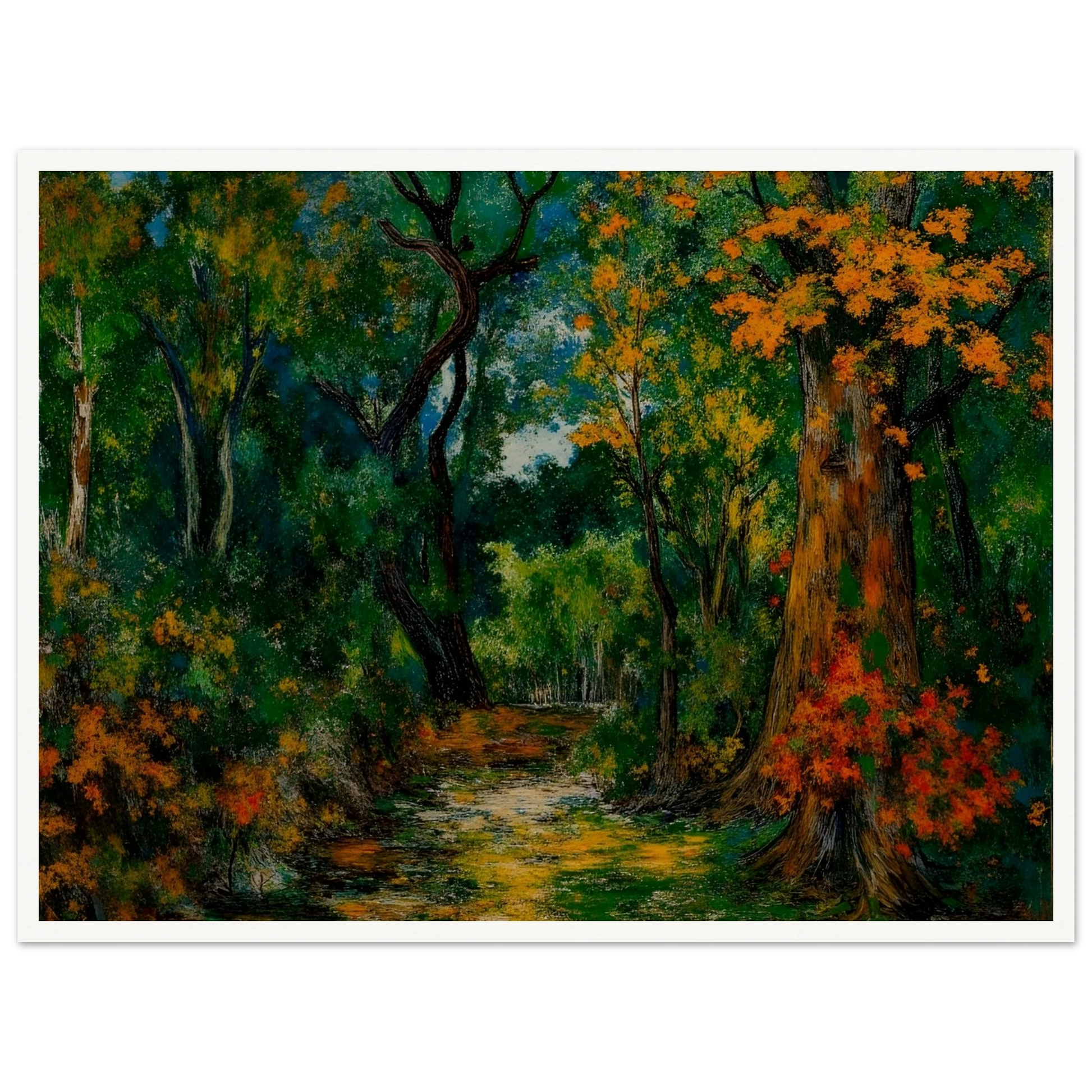 A richly colored forest scene featuring a winding path through dense green woods, framed by tall trees with vibrant orange and golden autumn foliage.