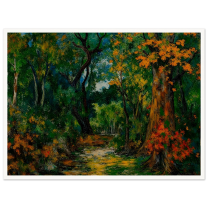 A richly colored forest scene featuring a winding path through dense green woods, framed by tall trees with vibrant orange and golden autumn foliage.