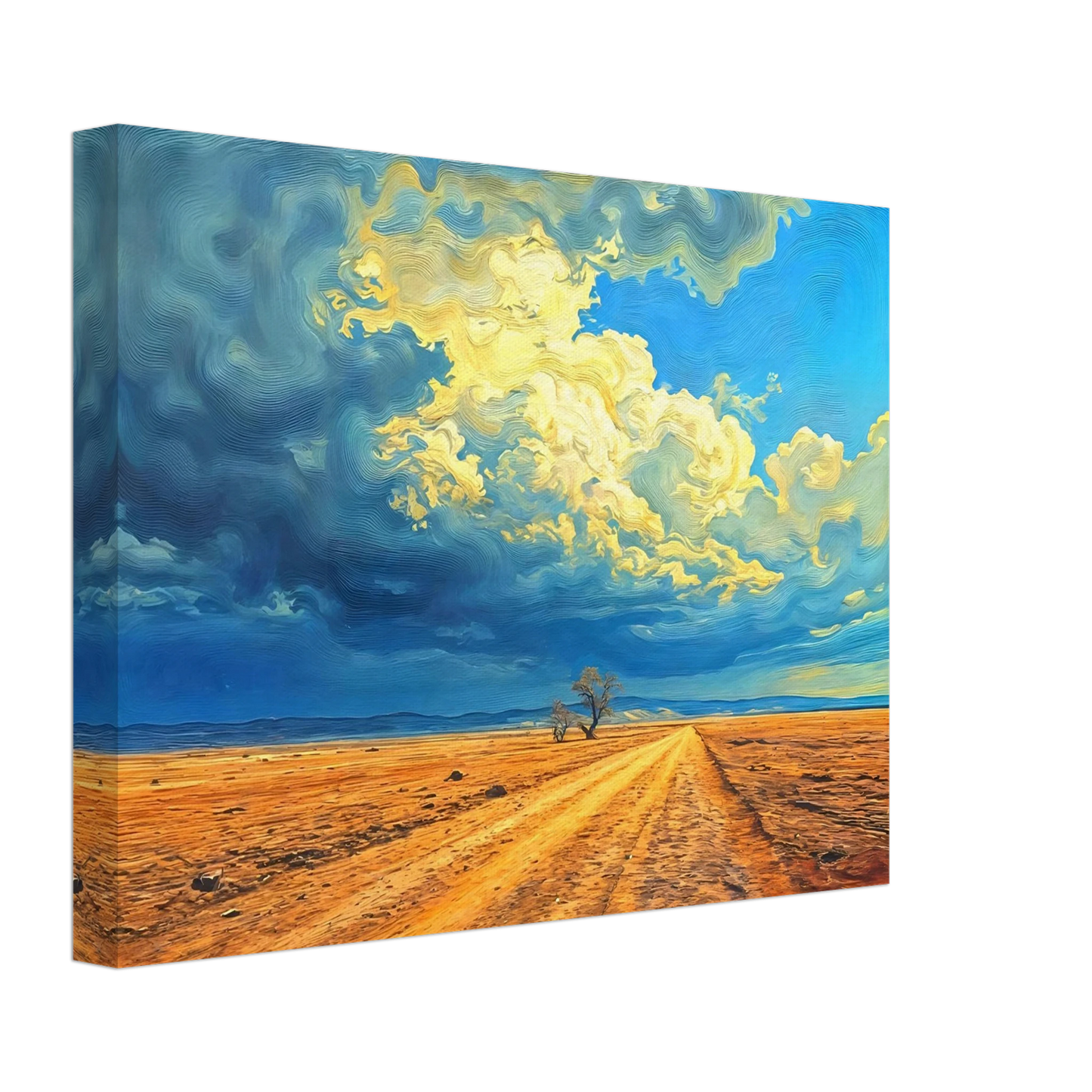 A golden dirt road stretches through an open desert under swirling clouds of blue and gold, evoking strength and solitude.