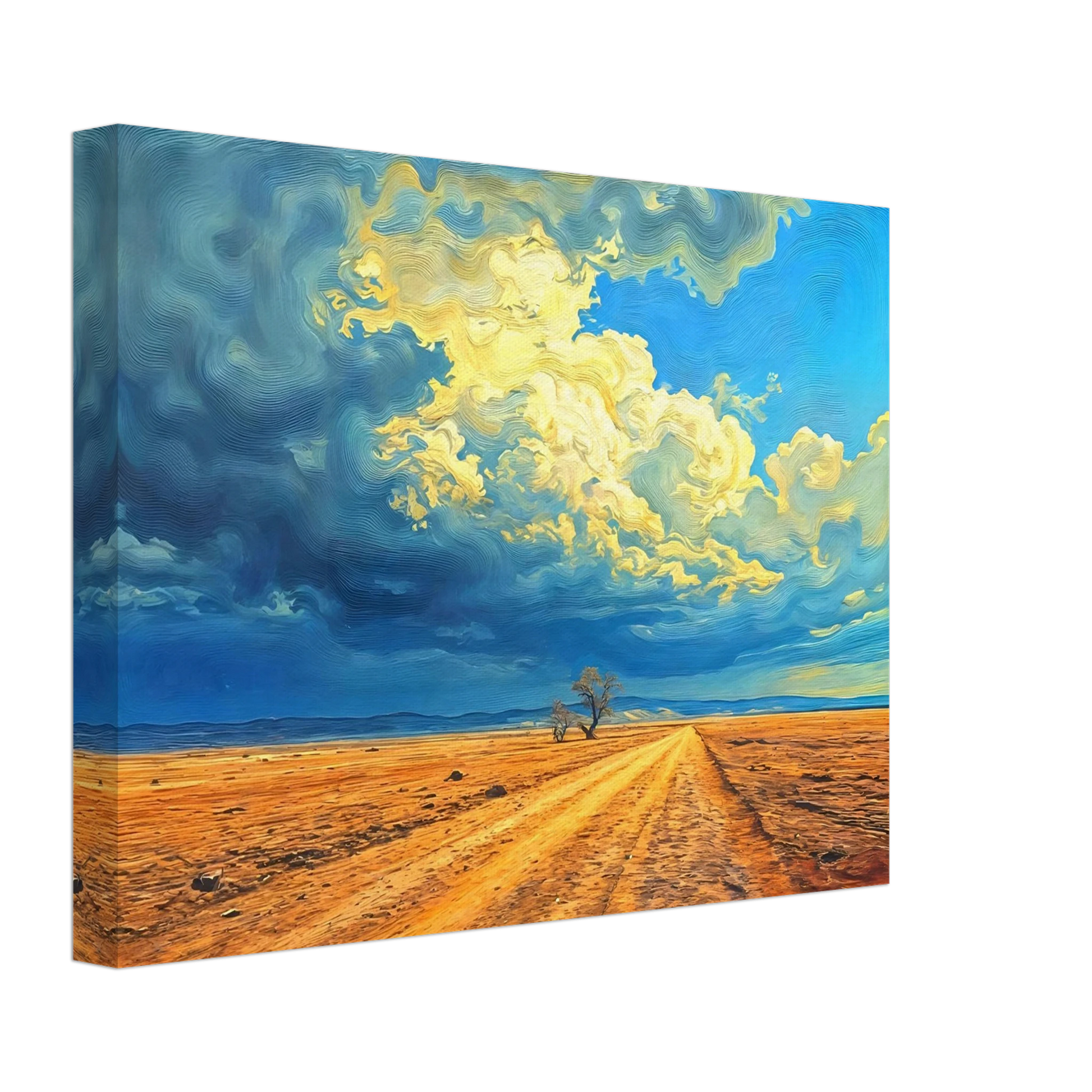 A golden dirt road stretches through an open desert under swirling clouds of blue and gold, evoking strength and solitude.