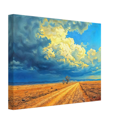 A golden dirt road stretches through an open desert under swirling clouds of blue and gold, evoking strength and solitude.