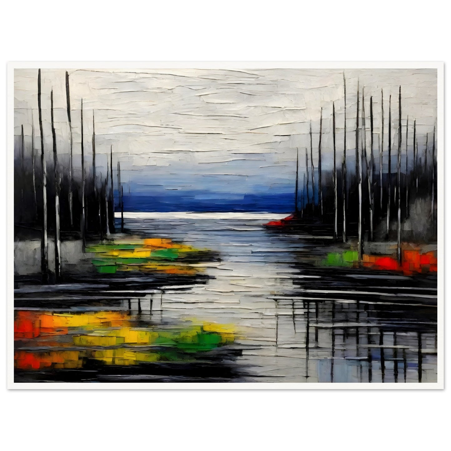 A moody, textured painting of a lake with dark, bare trees reflecting on the water, contrasted by vibrant patches of green, yellow, and red.