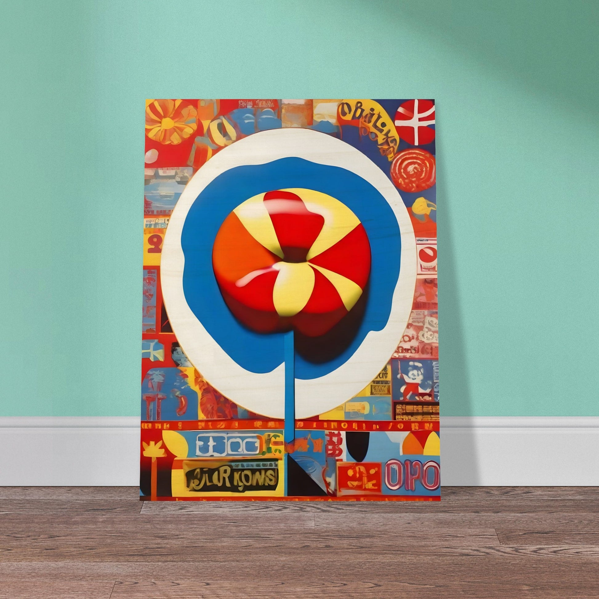 Colorful painting featuring a bold lollipop design at the center surrounded by retro-inspired pop art elements and vibrant patterns.