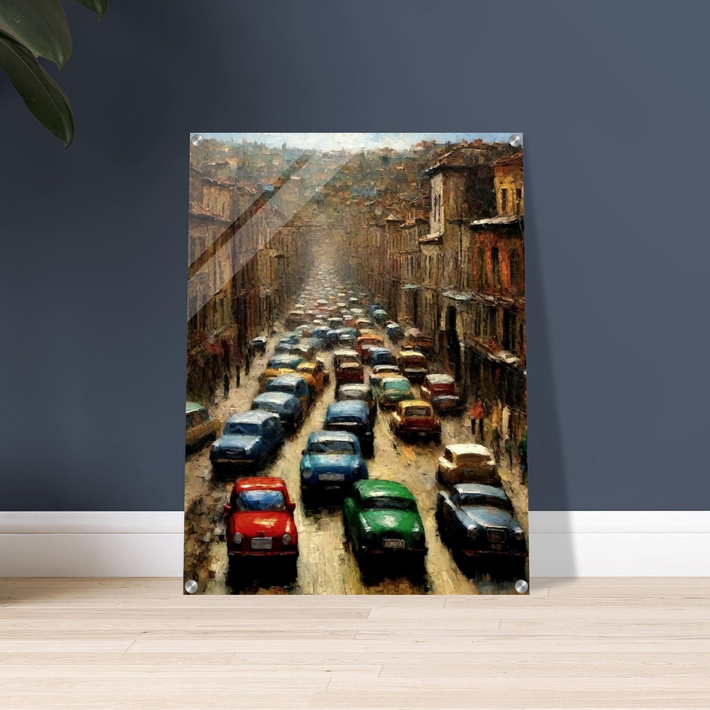 "A densely packed painting of colorful cars lined up in a busy city street, depicting the chaotic energy of a traffic jam on an urban road surrounded by tall buildings."