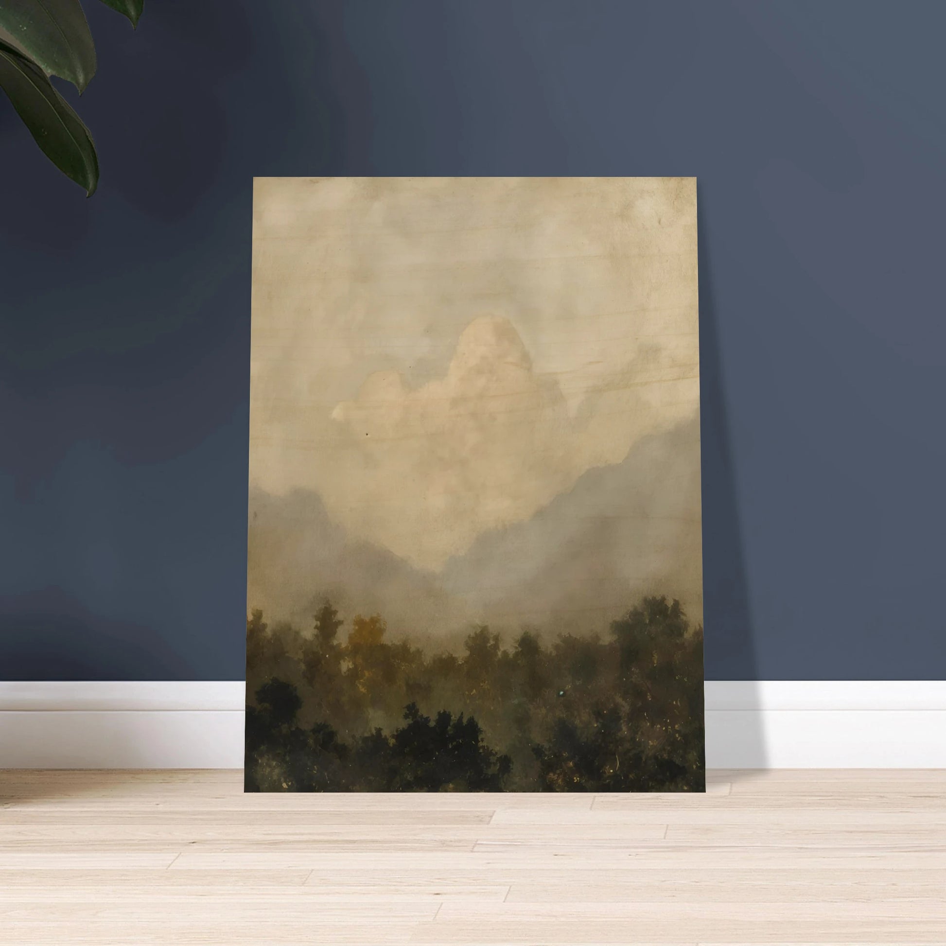 Soft clouds hover above a shadowy forest, evoking serenity and silence beneath a veil of golden haze.