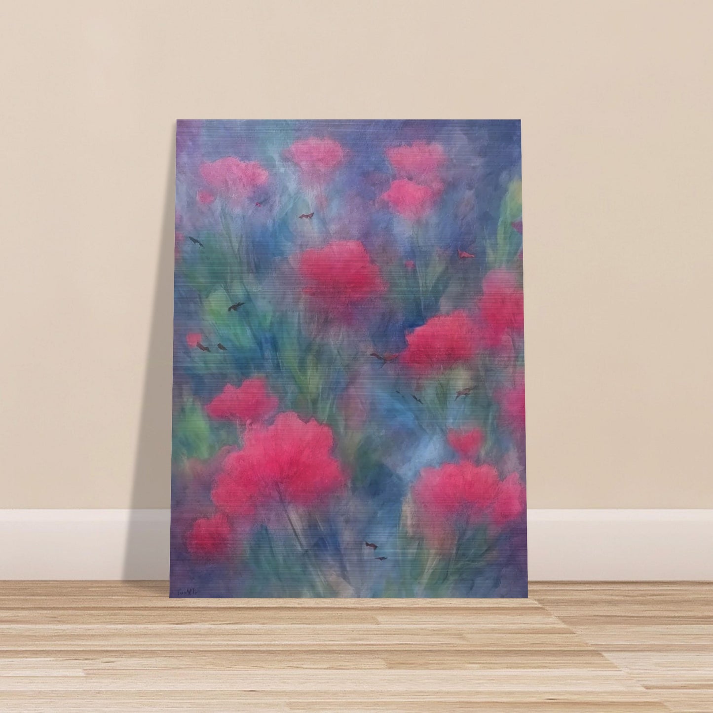 A soft-focus painting of vibrant pink flowers amidst a dreamy, blue and green background with delicate, scattered birds.