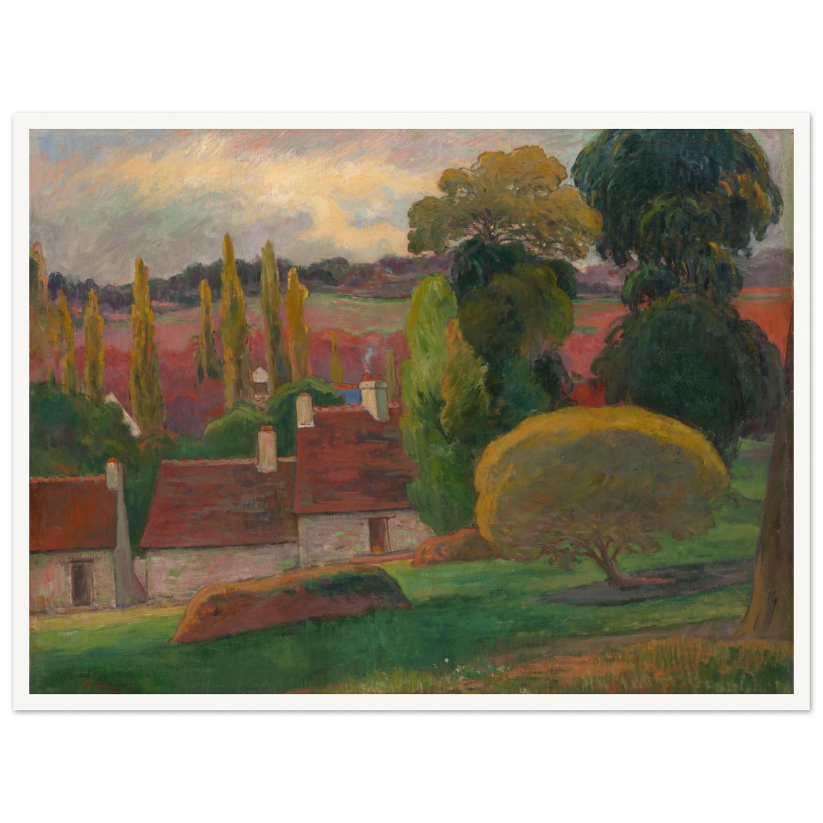 A Breton village with red-roofed houses and tall trees sits beneath a soft pastel sky.