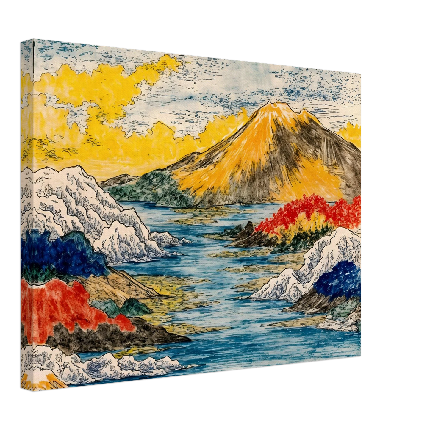 Golden mountain rises over blue water, snowy hills, red trees, and bright yellow clouds.