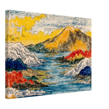 Golden mountain rises over blue water, snowy hills, red trees, and bright yellow clouds.