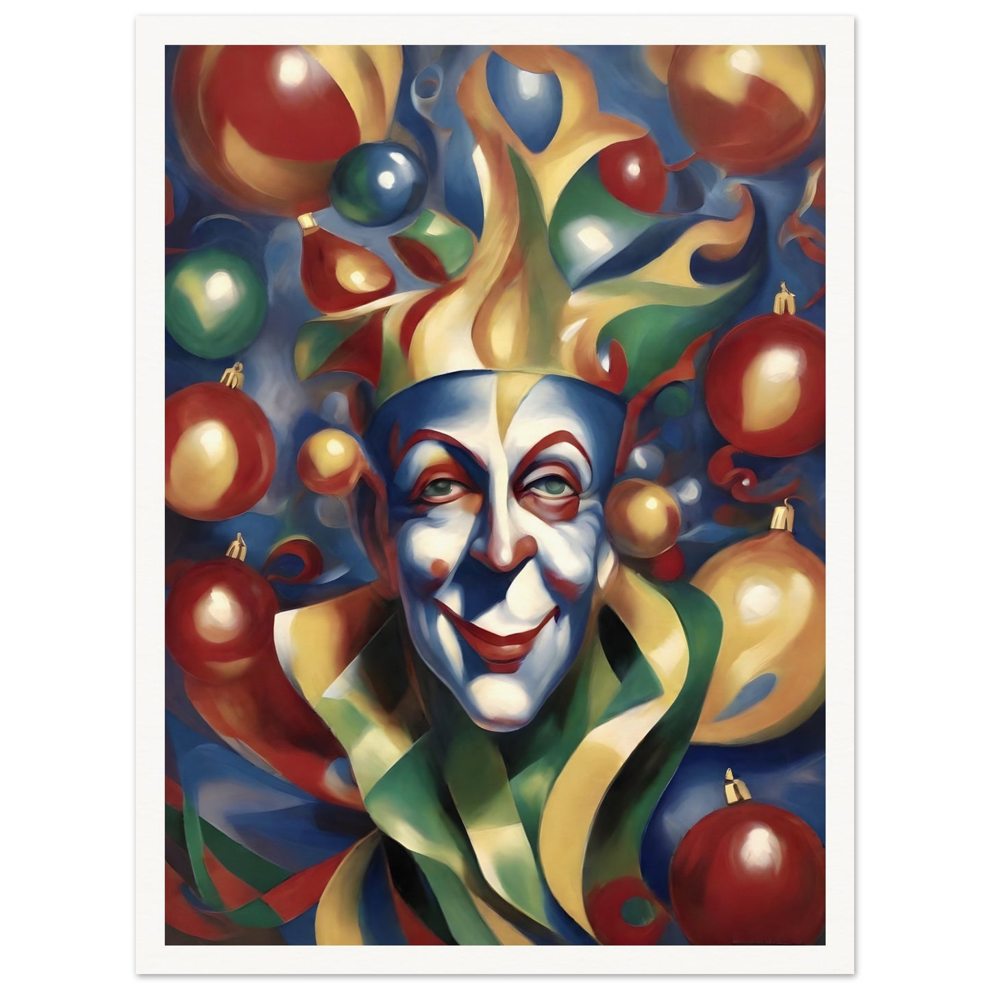 A vibrant painting of a whimsical jester with colorful face paint, surrounded by festive ornaments in red, gold, green, and blue hues.