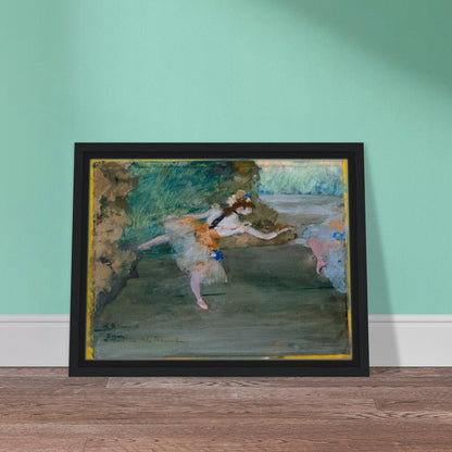 A ballet dancer in a pale tutu performs onstage, with another dancer partly visible at the side.