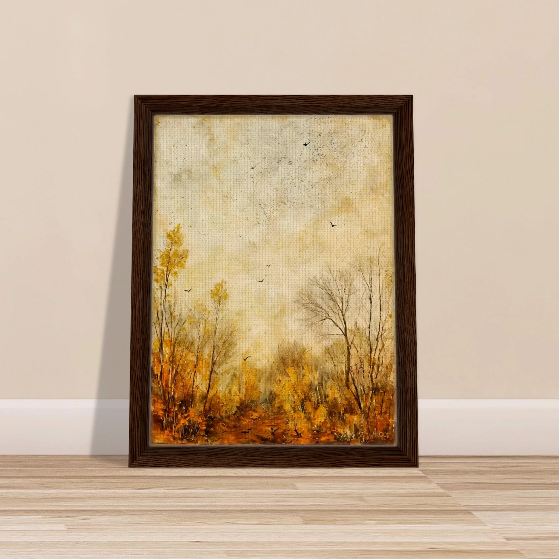 Muted fall forest with golden foliage and bare trees under a textured sky, scattered with birds in quiet flight.