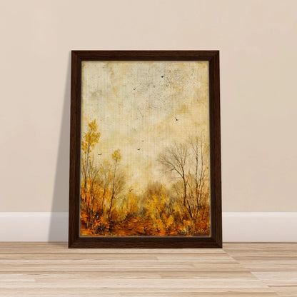Muted fall forest with golden foliage and bare trees under a textured sky, scattered with birds in quiet flight.