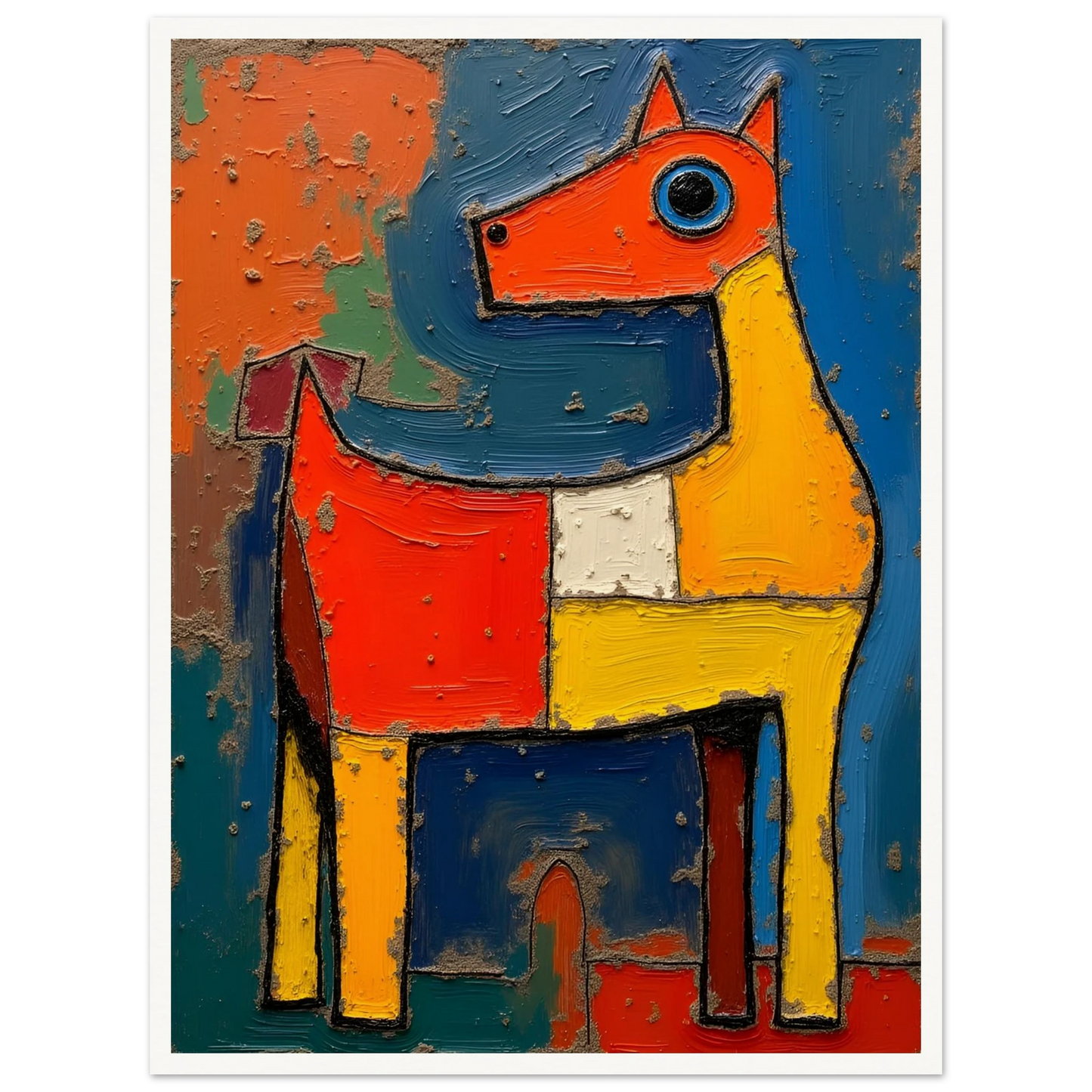 A bold, textured painting of a stylized horse in bright red, yellow, and blue tones, radiating playful and untamed energy.