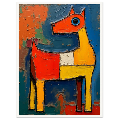 A bold, textured painting of a stylized horse in bright red, yellow, and blue tones, radiating playful and untamed energy.