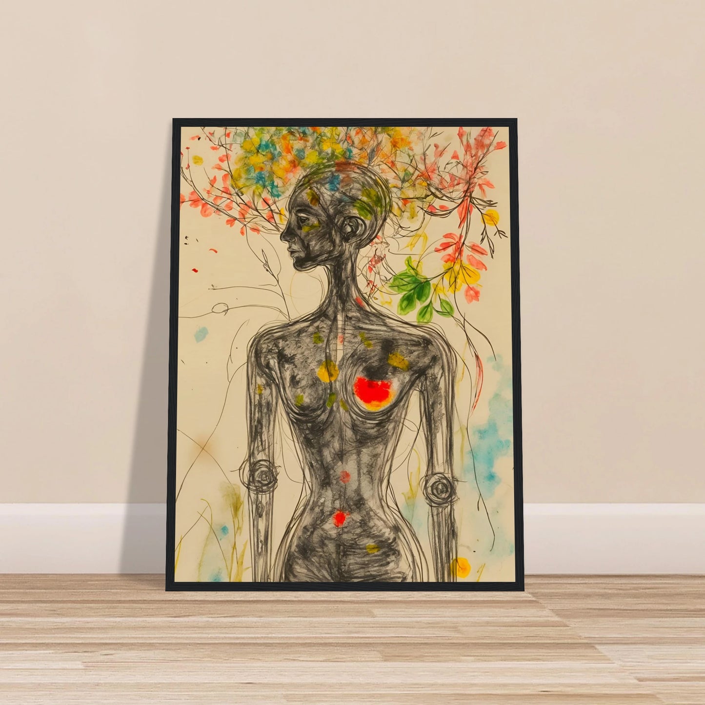 A sketched feminine figure with blooming branches and flowers rising from her head, accented by vivid splashes of color and a glowing heart.