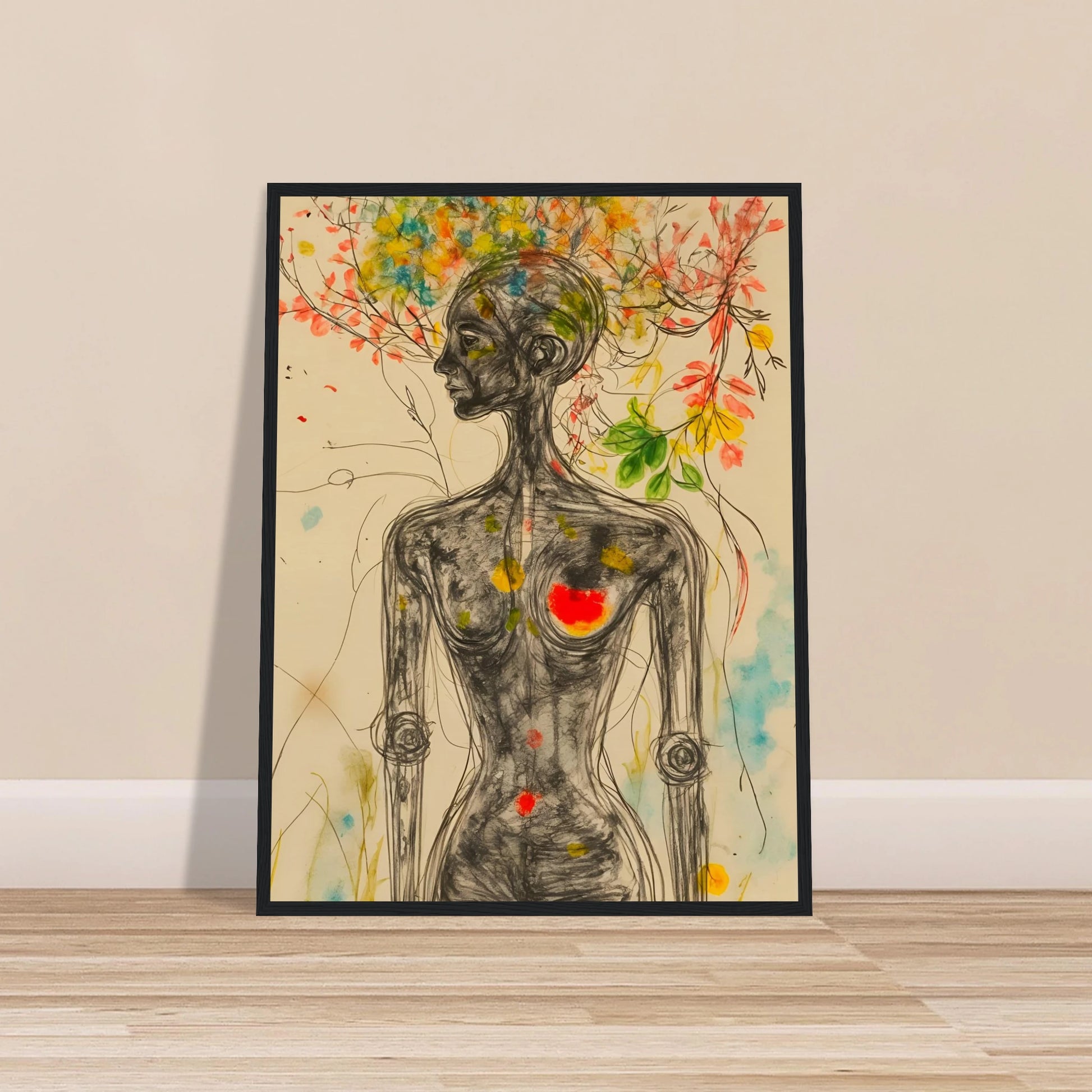 A sketched feminine figure with blooming branches and flowers rising from her head, accented by vivid splashes of color and a glowing heart.