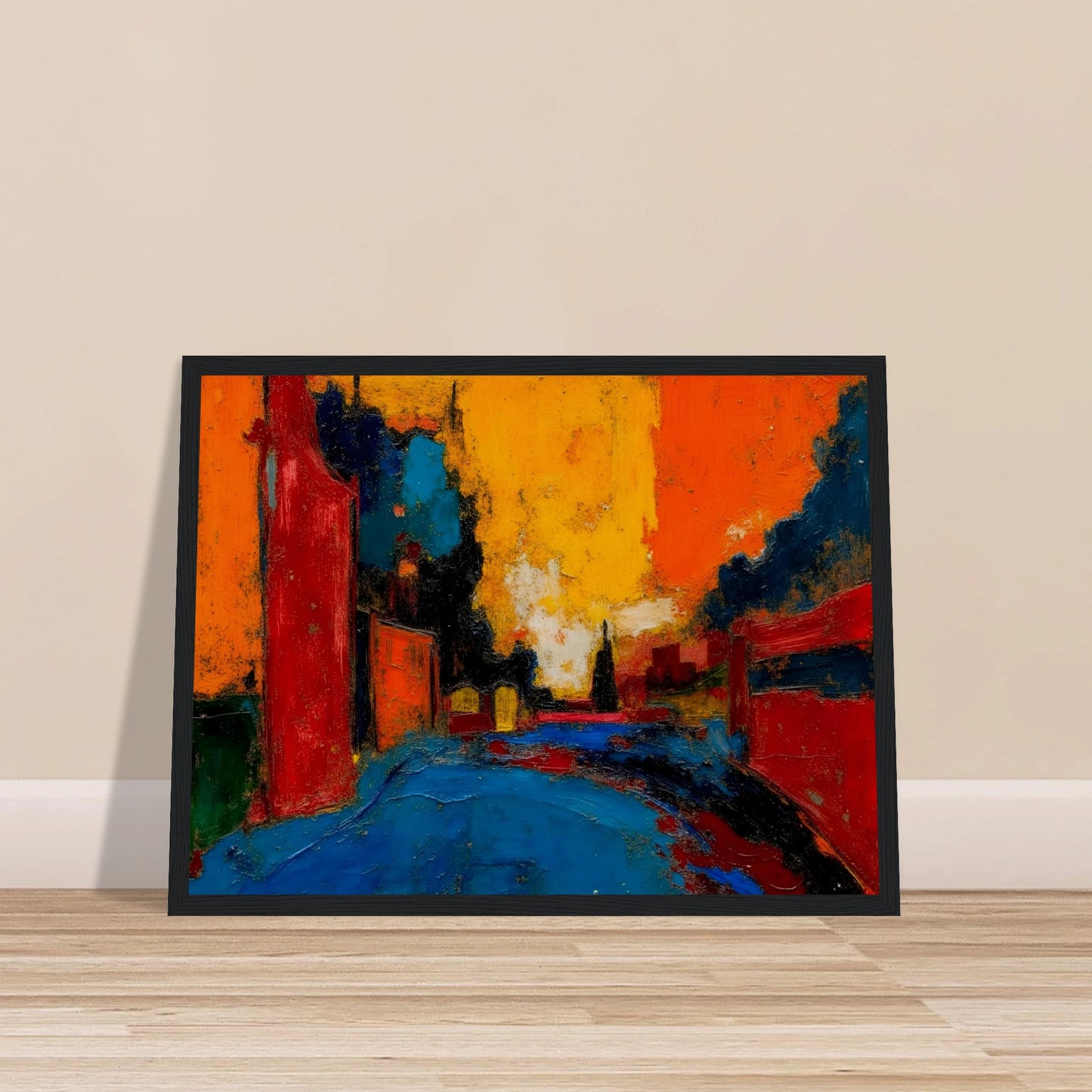 An expressive urban street scene painted in bold reds, oranges, blues, and black, featuring buildings lining a road beneath a dramatic glowing sunset sky.