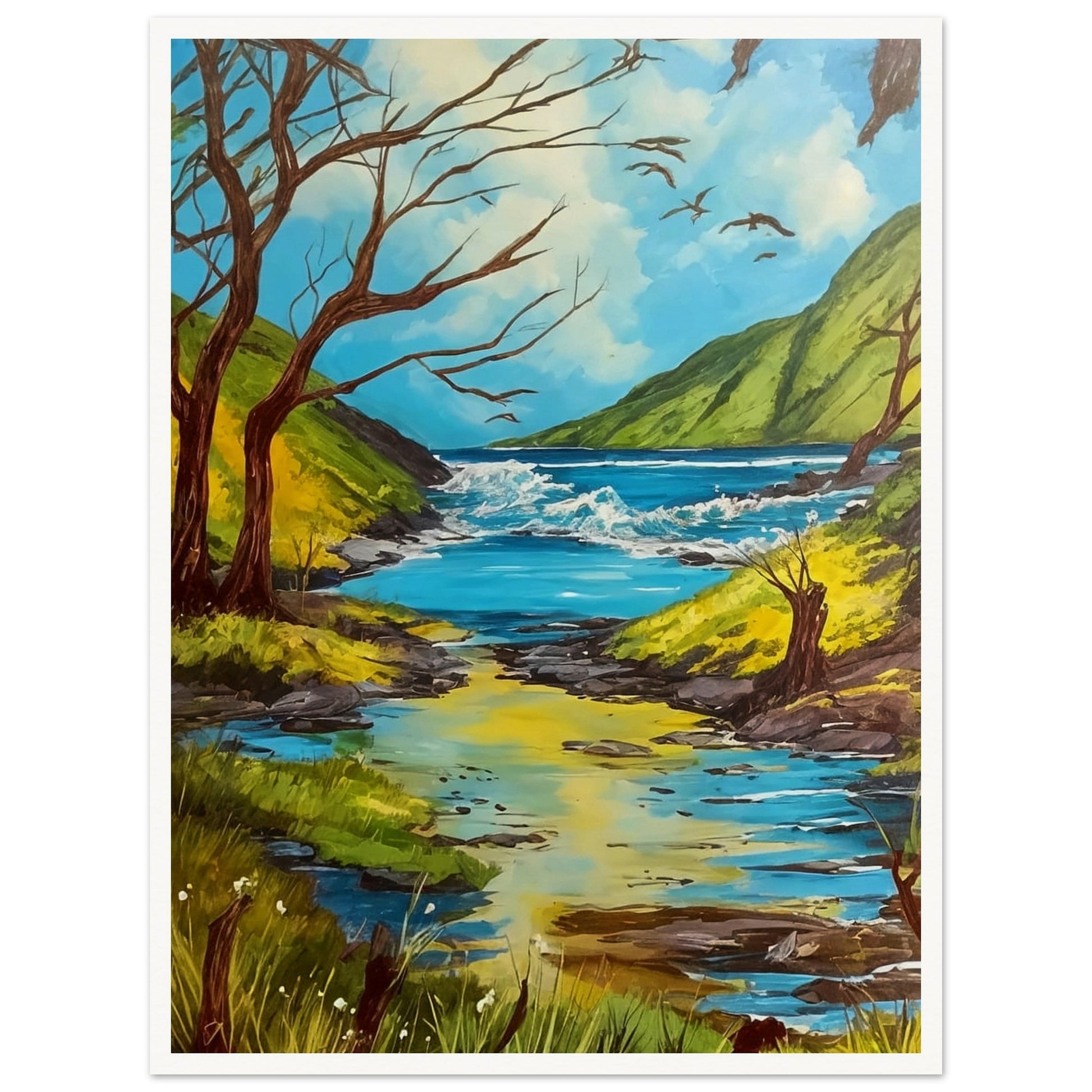 A serene landscape painting of a clear stream flowing through lush green hills, with birds flying in the blue sky and barren trees on the banks.